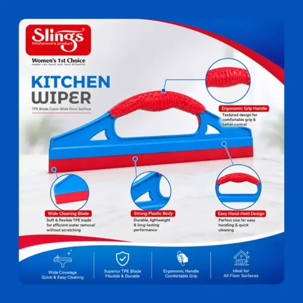 Slings kitchen wiper with flexible cleaning blade for removing water and spills