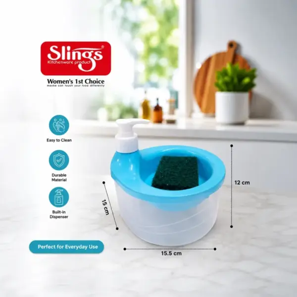 Slings Raisin 2 in 1 soap dispenser in sky blue with compact plastic design