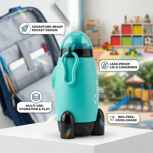 Slings rocket kids water bottle with stable rocket-fin base to help prevent tipping