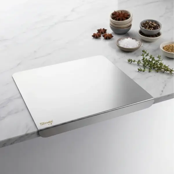 Slings stainless steel big table top chopping board for convenient kitchen food preparation