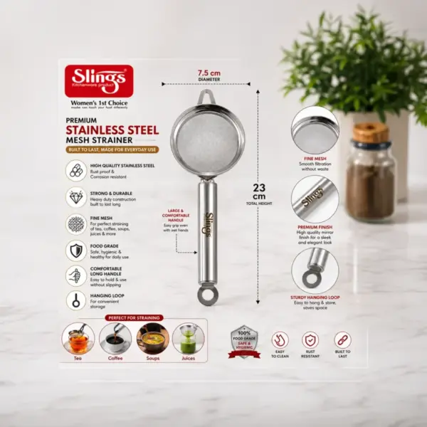 Slings tea strainer with sturdy handle for comfortable grip