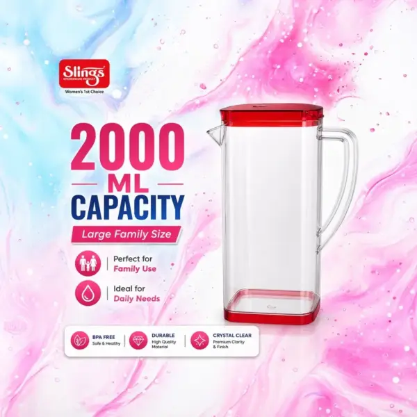 Slings transparent Hexa water jug 2000 ml with stylish design for everyday use