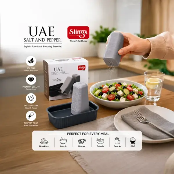 Slings UAE salt and pepper shaker set with matching holders for convenient seasoning