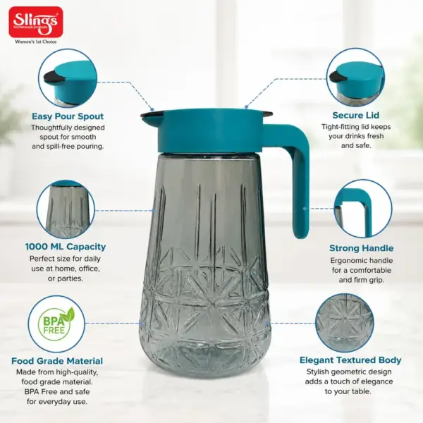 Slings Vision juice jug with lid and ergonomic handle for convenient pouring
