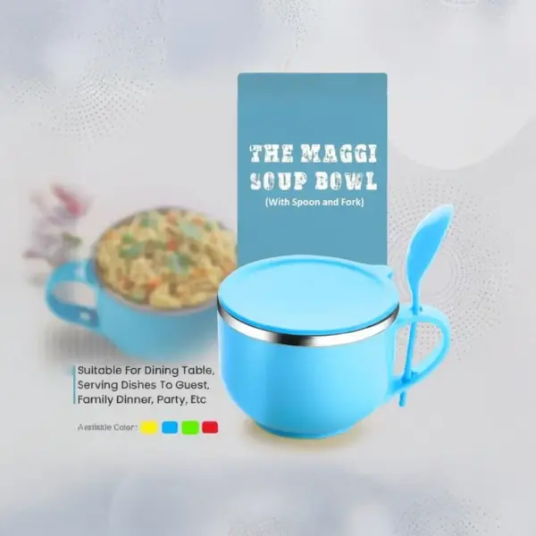 Tinums blue noodle and soup bowl with matching ergonomic spoon