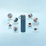 Tinums blue stainless steel vacuum flask with portable handle and drinking cups