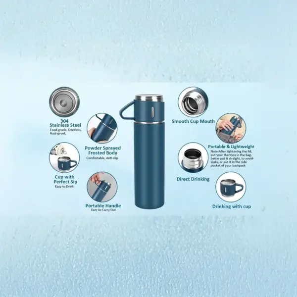 Tinums blue stainless steel vacuum flask with portable handle and drinking cups
