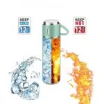 Tinums green vacuum flask with cups for hot and cold drinks for travel and daily use
