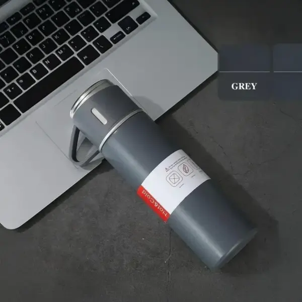 Tinums grey stainless steel vacuum flask with portable handle and drinking cups