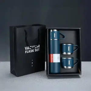 Tinums vacuum flask with cups set in blue with stainless steel flask and cups
