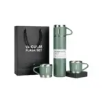 Tinums vacuum flask with cups set in green with stainless steel flask and cups