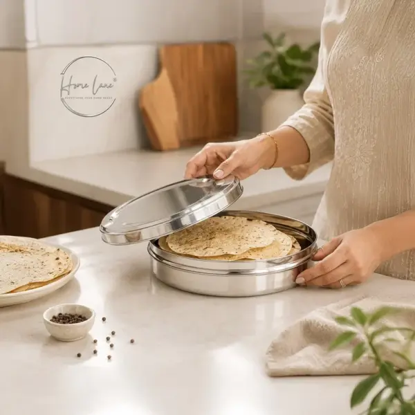 Home Lane food-grade stainless steel container for storing papads and kitchen essentials