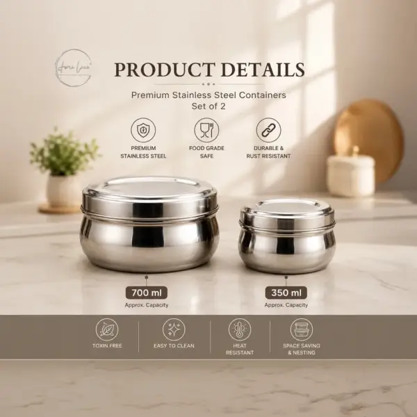 Home Lane stainless steel containers in 700 ML and 350 ML sizes