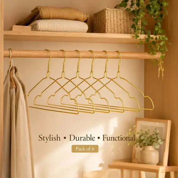 TINUMS pack of 6 golden metal clothes hangers for wardrobe storage
